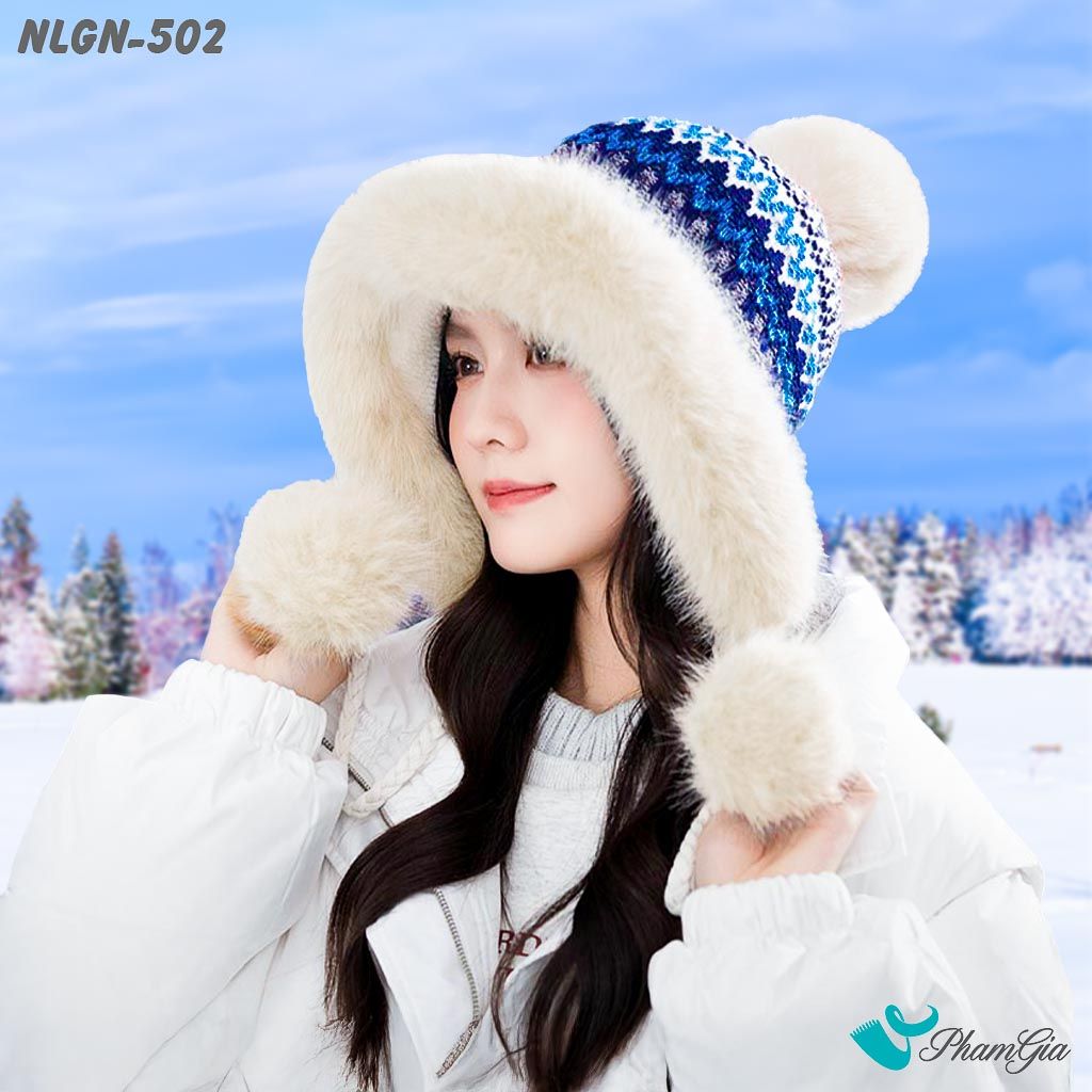 Nón Len Phối Lông Giữ Nhiệt Chuyên Dụng Phối Viền Lông 2 Lớp Cao Cấp Dệt Họa Tiết Thổ Cẩm Màu Xanh Navy (NLGN502)