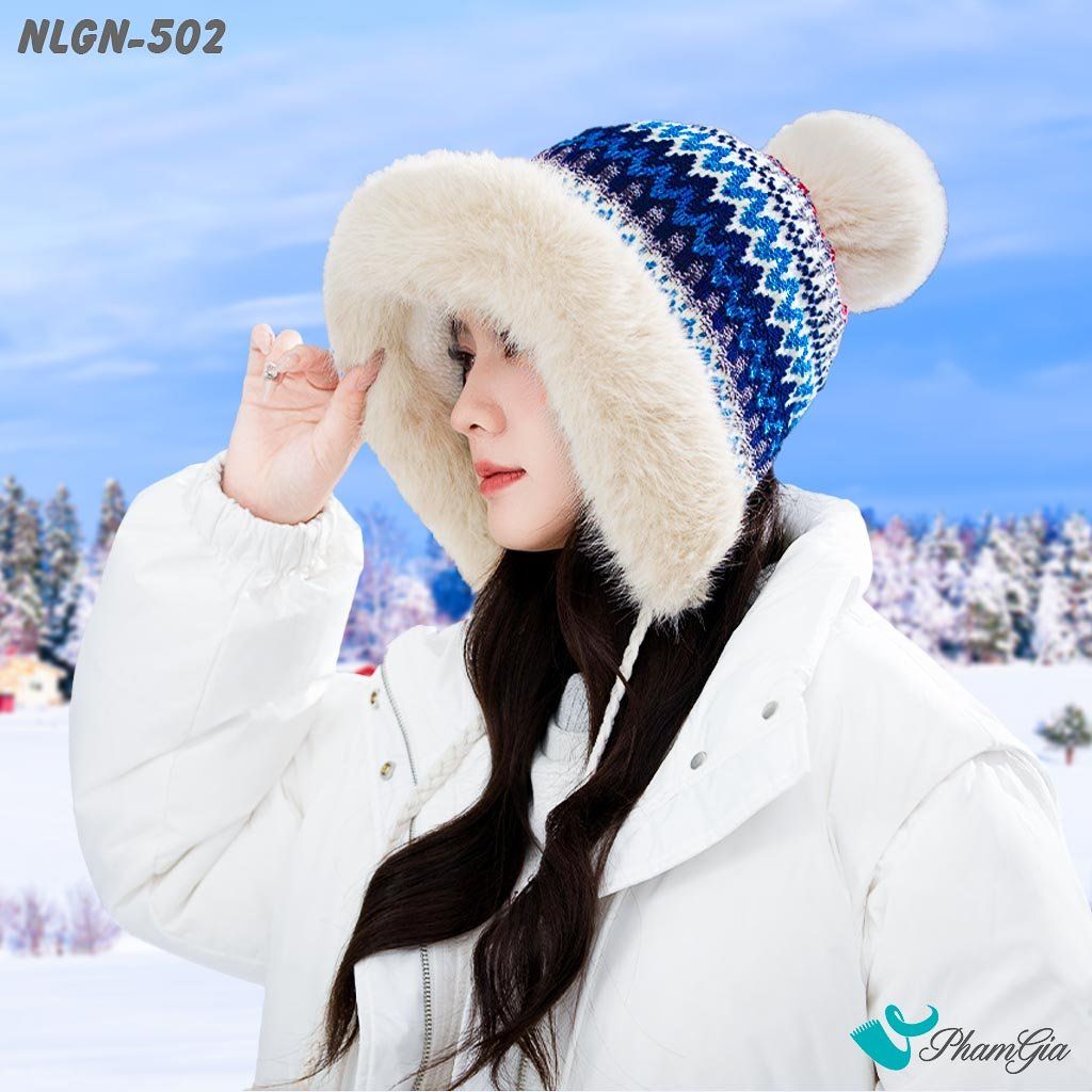 Nón Len Phối Lông Giữ Nhiệt Chuyên Dụng Phối Viền Lông 2 Lớp Cao Cấp Dệt Họa Tiết Thổ Cẩm Màu Xanh Navy (NLGN502)