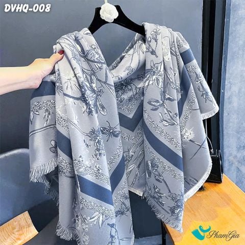 Khăn Choàng Dạ Cashmere Vuông Phong Cách Hàn Quốc Cao Cấp Họa Tiết Botanical Cổ Điển Màu Xanh (DVHQ008)