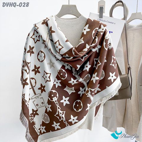 Họa Tiết Khăn Choàng Dạ Cashmere Vuông Phong Cách Hàn Quốc Cao Cấp Họa Tiết Retro Phối Màu Kem - Nâu Tây
