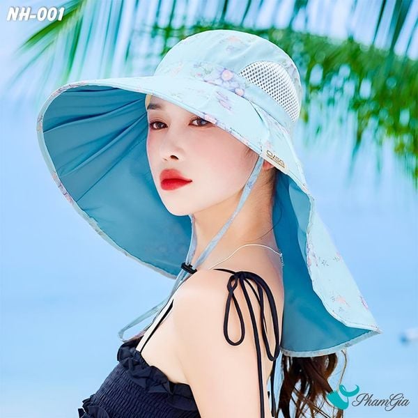 Nón Chống Nắng Rộng Vành Đa Năng Phối Họa Tiết Hoa Thanh Lịch Cao Cấp Màu Xanh Baby (NH001)