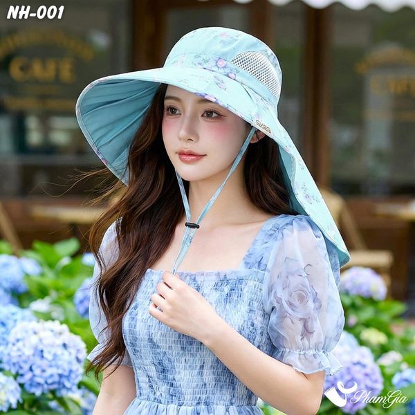 Nón Chống Nắng Rộng Vành Đa Năng Phối Họa Tiết Hoa Thanh Lịch Cao Cấp Màu Xanh Baby (NH001)