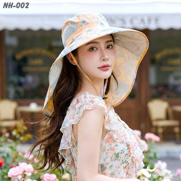 Nón Chống Nắng Rộng Vành Đa Năng Phối Họa Tiết Hoa Thanh Lịch Cao Cấp Màu Cam Đào (NH002)
