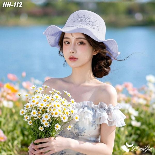 Nón Rộng Vành Luợn Sóng Kết Nơ Màu Xanh Blue (NH112)