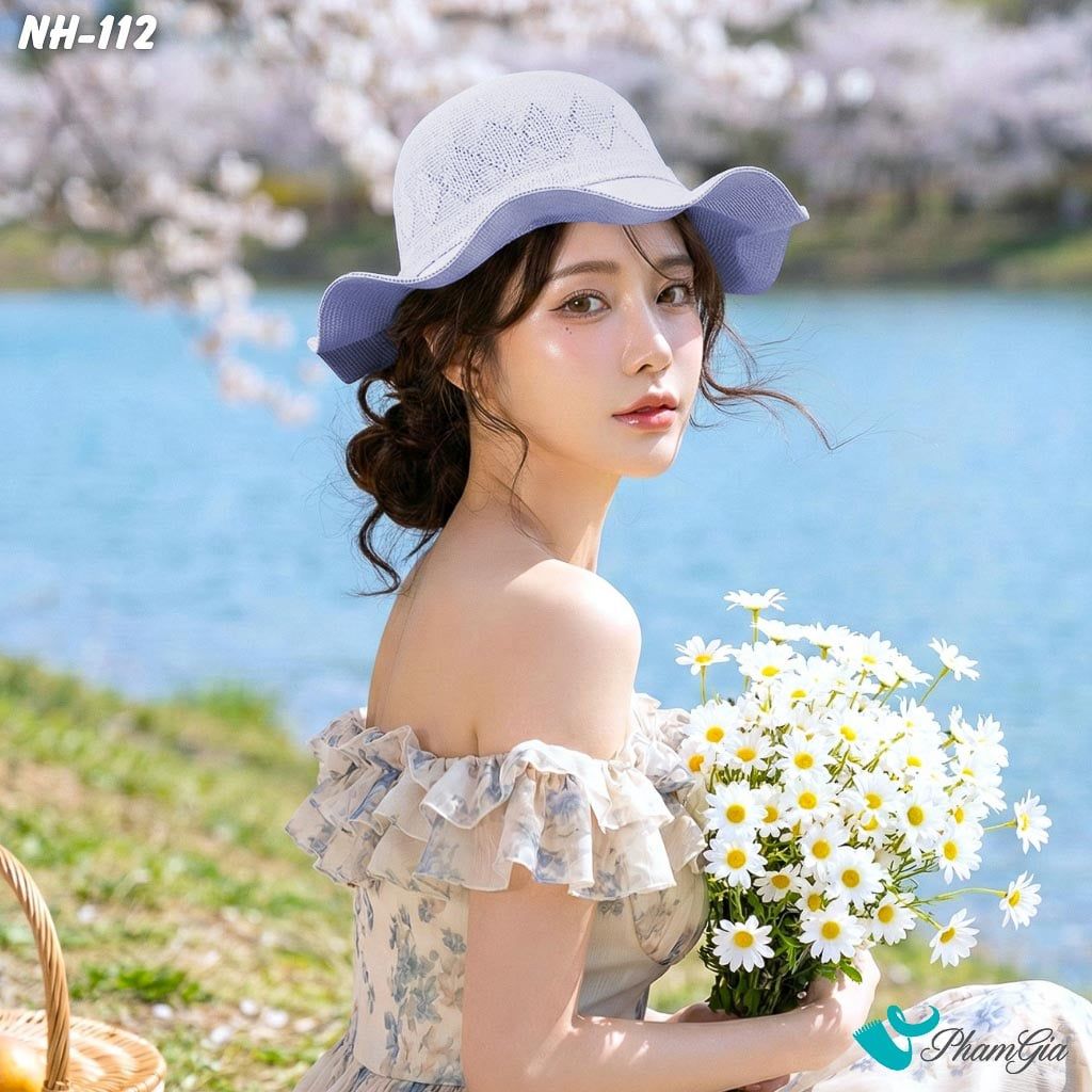 Nón Rộng Vành Luợn Sóng Kết Nơ Màu Xanh Blue (NH112)