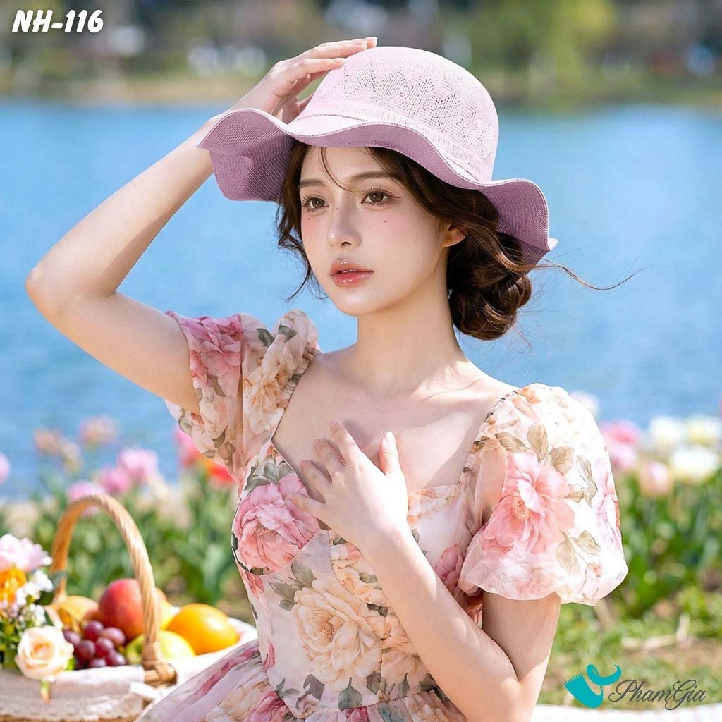 Nón Rộng Vành Luợn Sóng Kết Nơ Màu Hồng (NH116)