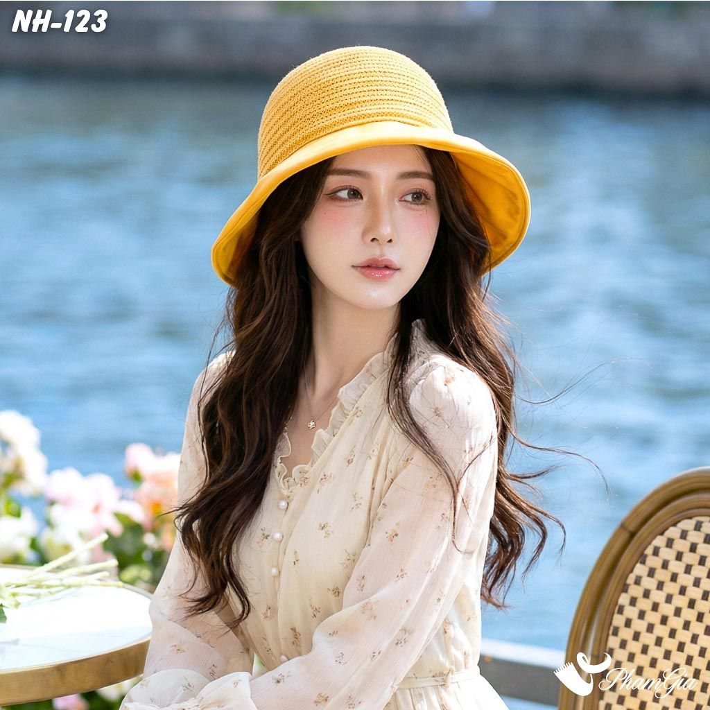 Nón Vải Mui Trần Kết Nơ Phối Lưới Màu Vàng Cúc (NH123)
