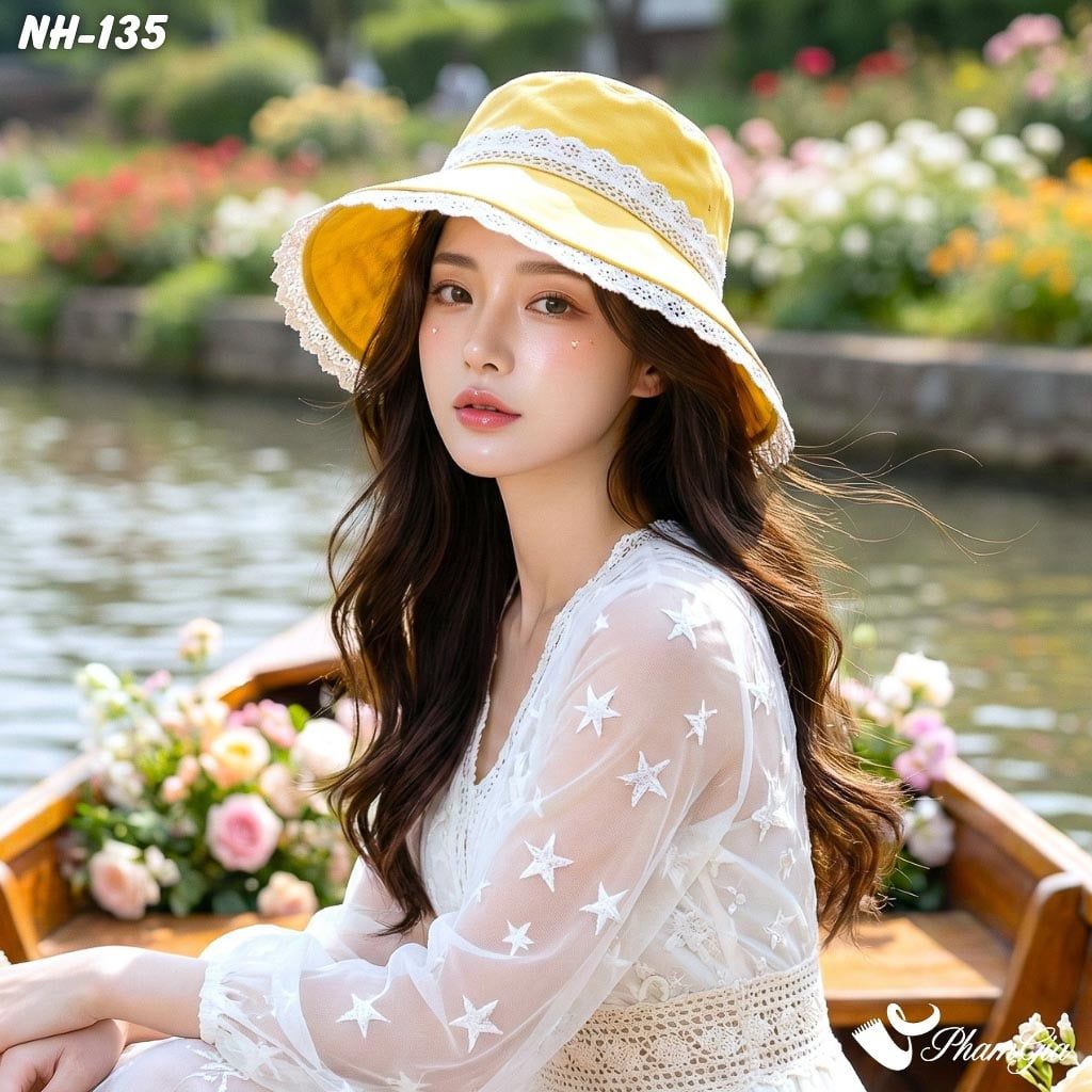 Nón Rộng Vành Phối Viền Ren Nữ Tính Màu Vàng Cúc (NH135)