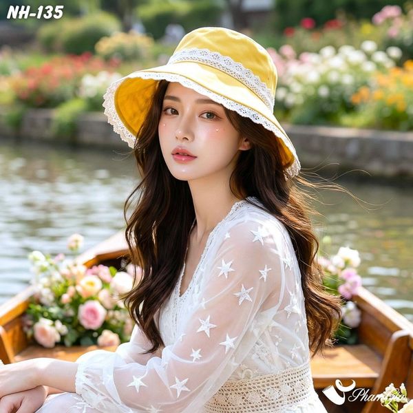 Nón Rộng Vành Phối Viền Ren Nữ Tính Màu Vàng Cúc (NH135)