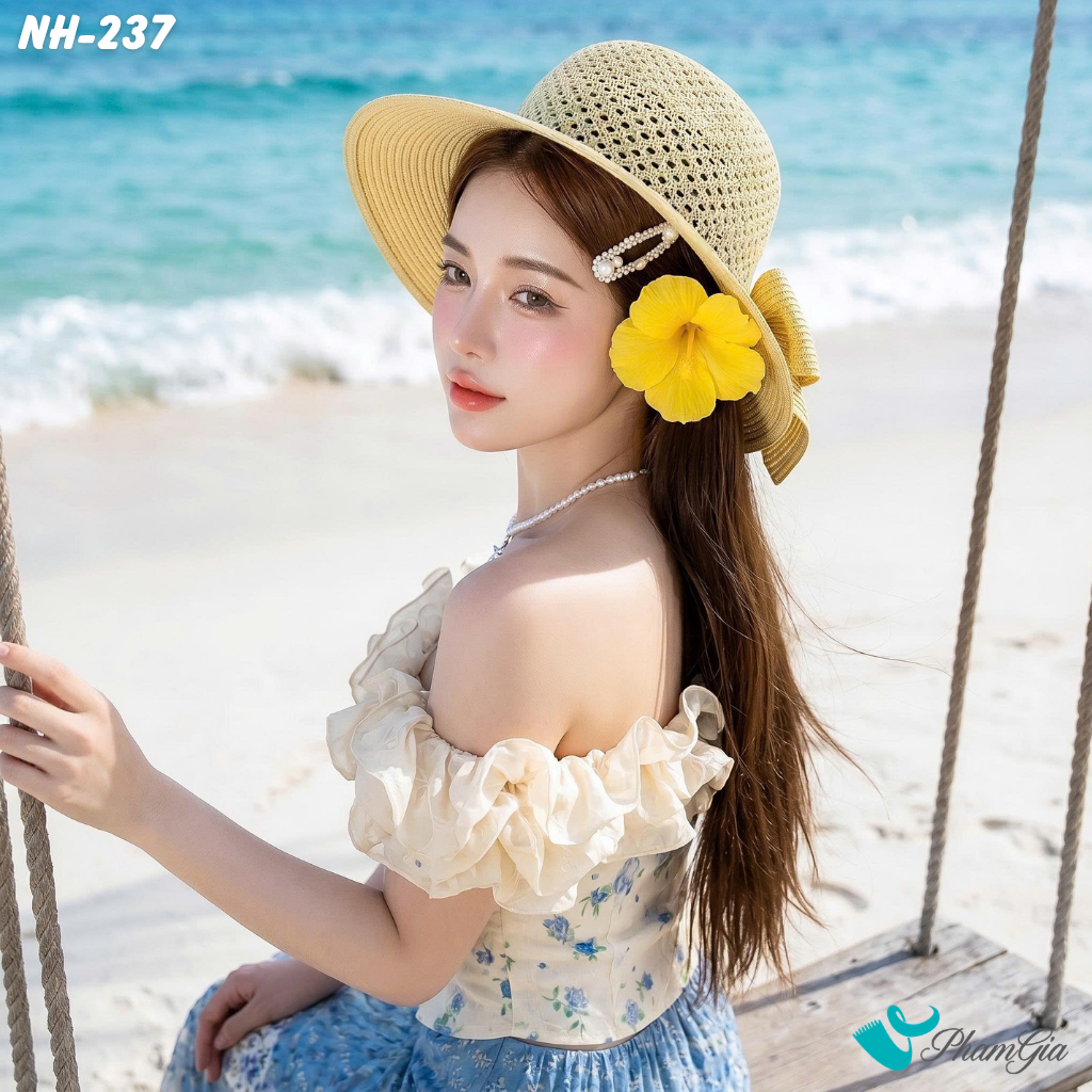 Nón Rộng Vành Trơn Phối Nơ Bản To Màu Kem (NH237)