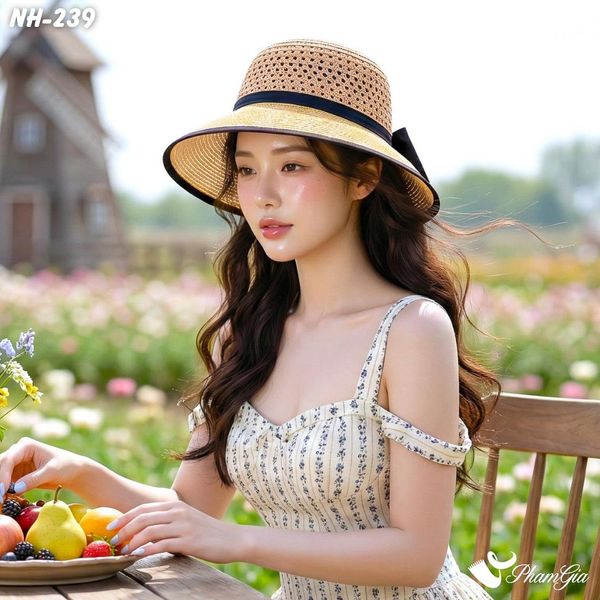 Nón Rộng Vành Phối Nơ Màu Beige - Đen (NH239)