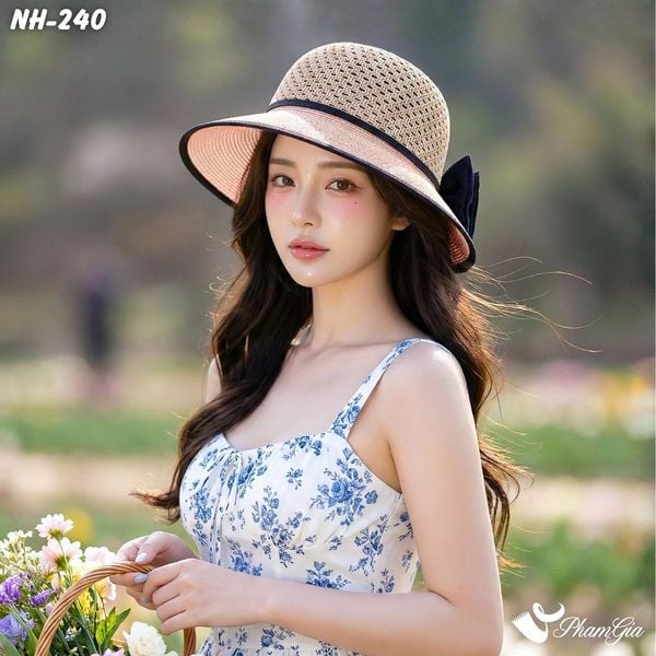 Nón Rộng Vành Phối Nơ Màu Hồng Phớt - Đen (NH240)