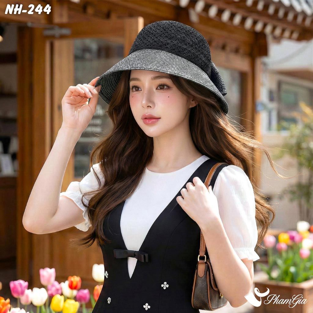 Nón Rộng Vành Trơn Phối Nơ Bản To Màu Đen Khói (NH244)