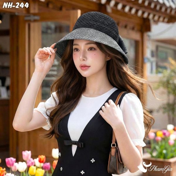 Nón Rộng Vành Trơn Phối Nơ Bản To Màu Đen Khói (NH244)