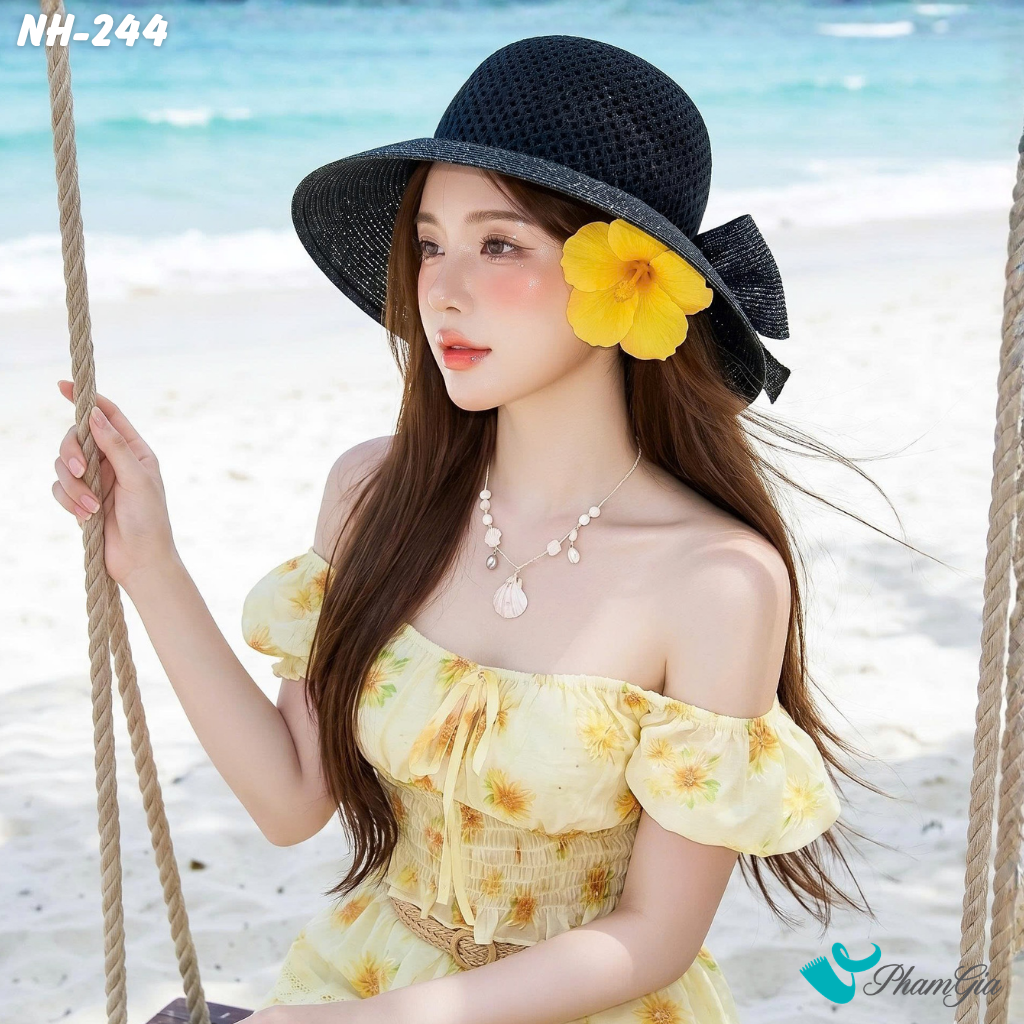 Nón Rộng Vành Trơn Phối Nơ Bản To Màu Đen Khói (NH244)