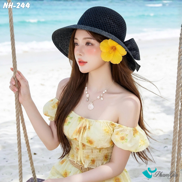 Nón Rộng Vành Trơn Phối Nơ Bản To Màu Đen Khói (NH244)
