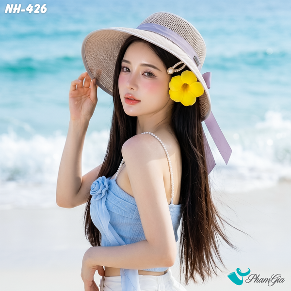 Nón Vải Mui Trần Đan Lưới Buộc Nơ Màu Xanh Ghi (NH426)