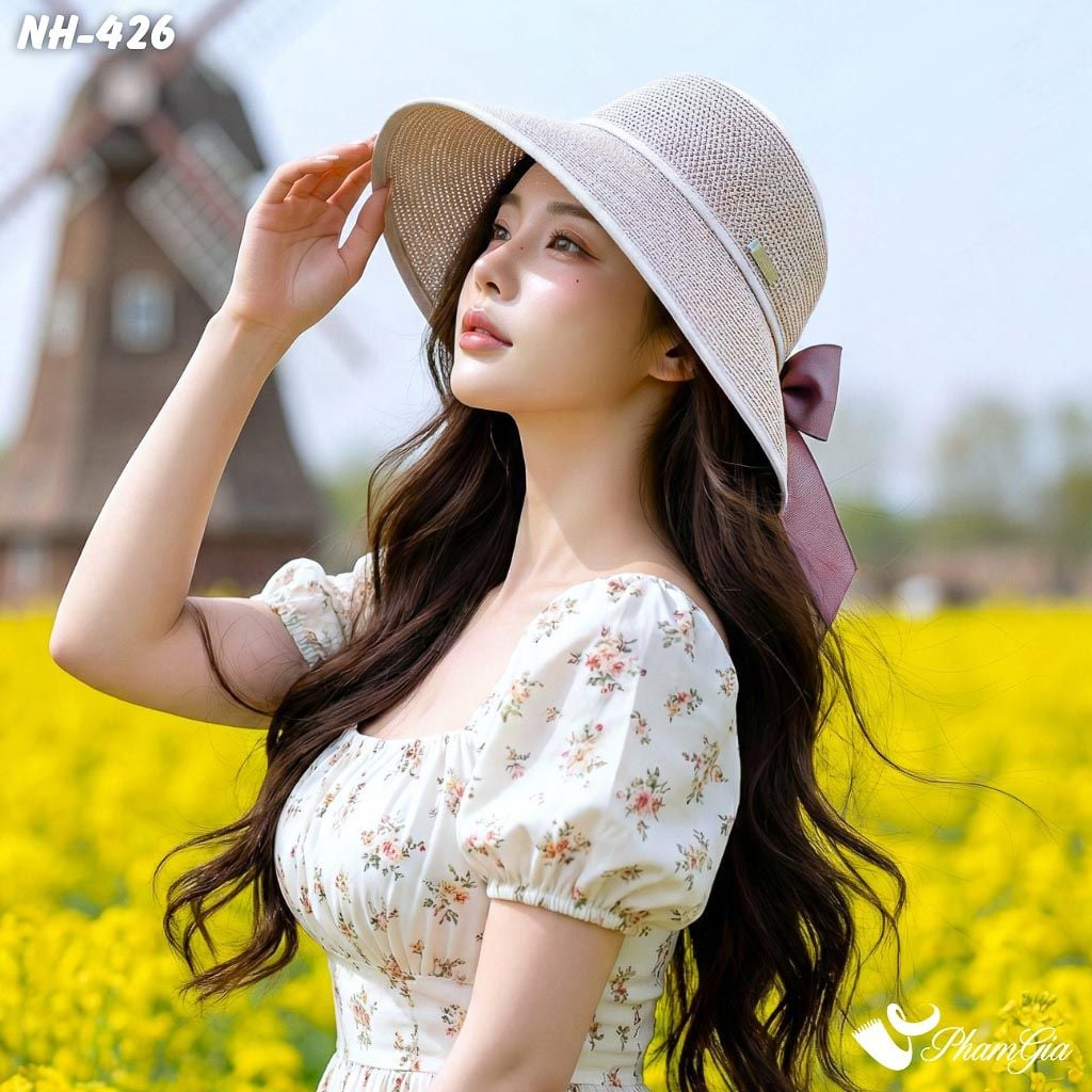 Nón Vải Mui Trần Đan Lưới Buộc Nơ Màu Xanh Ghi (NH426)