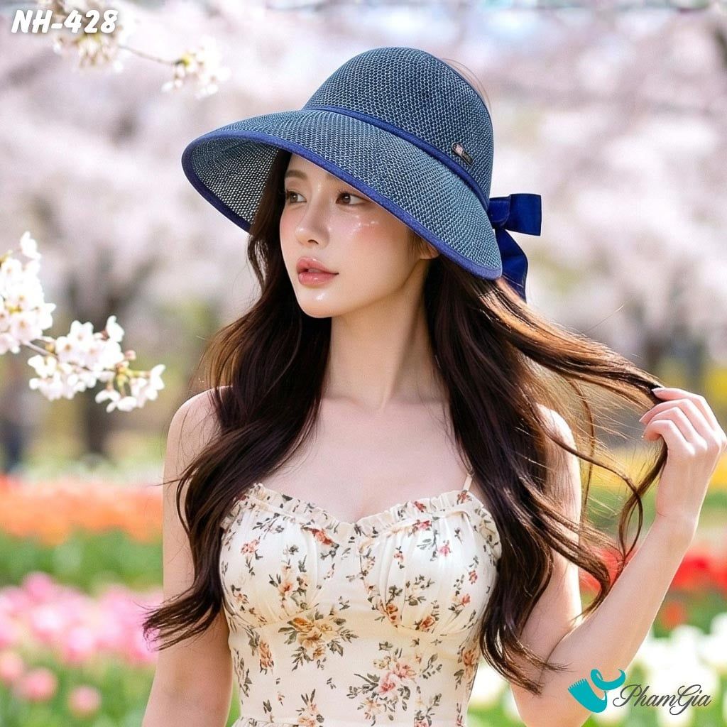 Nón Vải Mui Trần Đan Lưới Buộc Nơ Màu Xanh Navy (NH428)