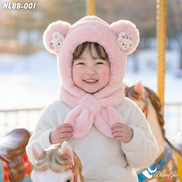 Nón Len Phối Lông Giữ Nhiệt 2 Lớp Họa Tiết Đáng Yêu Cho Bé Màu Hồng (NLBB001)