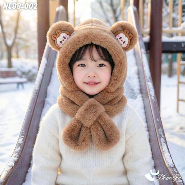 Nón Len Phối Lông Giữ Nhiệt 2 Lớp Họa Tiết Đáng Yêu Cho Bé Màu Nâu (NLBB002)