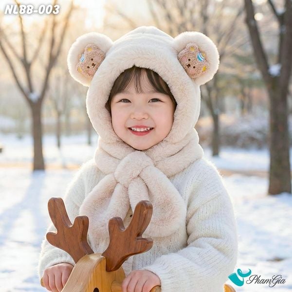 Nón Len Phối Lông Giữ Nhiệt 2 Lớp Họa Tiết Đáng Yêu Cho Bé Màu Beige (NLBB003)