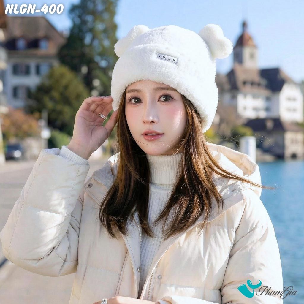 Nón Len Phối Lông Giữ Nhiệt Chuyên Dụng 2 Lớp Phong Cách Tai Gấu Cao Cấp Màu Trắng (NLGN400)