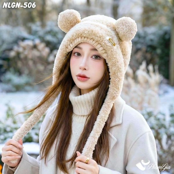 Nón Len Phối Lông Giữ Nhiệt Chuyên Dụng 2 Lớp Phong Cách Tai Gấu Cao Cấp Màu Beige (NLGN506)