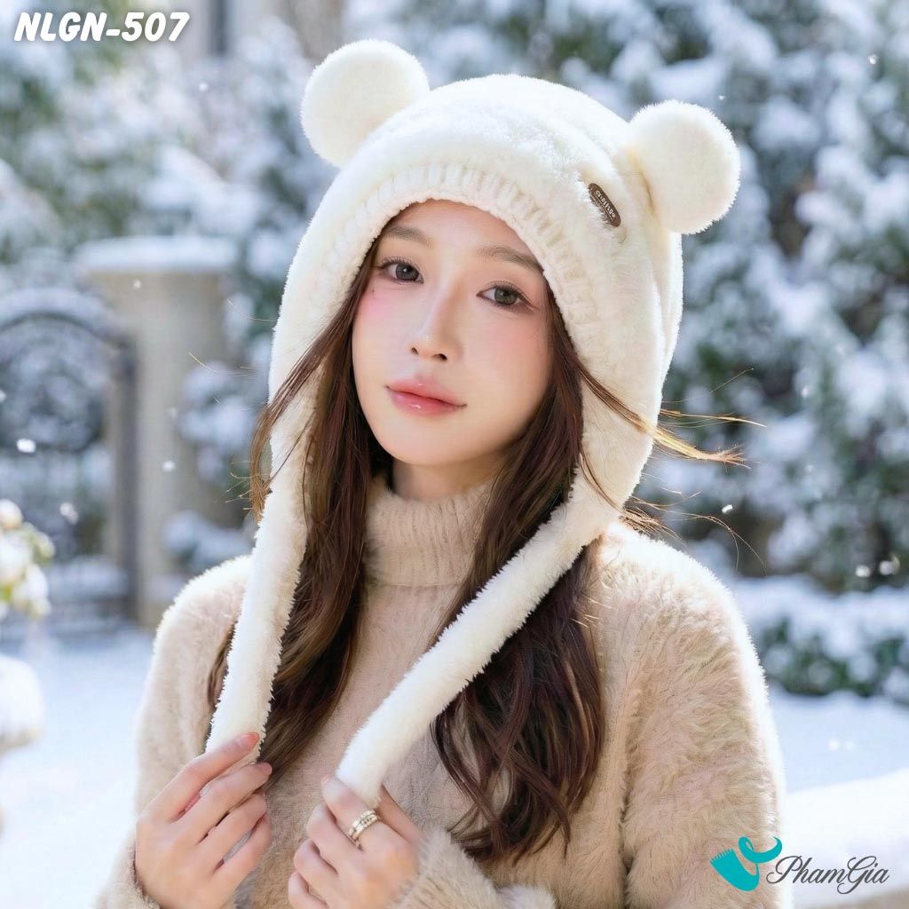 Nón Len Phối Lông Giữ Nhiệt Chuyên Dụng 2 Lớp Phong Cách Tai Gấu Cao Cấp Màu Trắng Kem (NLGN507)
