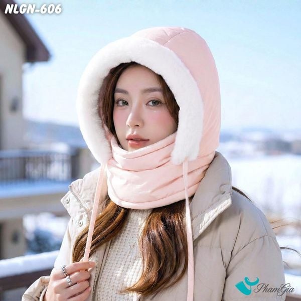 Nón Lông Giữ Nhiệt Chuyên Dụng Tích Hợp Khẩu Trang Giữ Ấm Siêu Dày Màu Hồng Pastel (NLGN606)