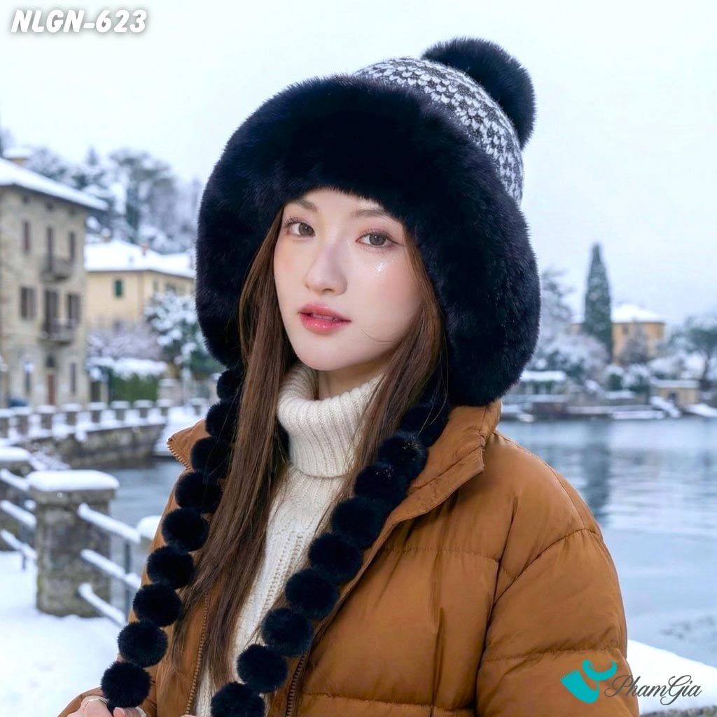 Nón Len Phối Lông Giữ Nhiệt Chuyên Dụng Phối Viền Lông 2 Lớp Cao Cấp Dệt Họa Tiết Thổ Cẩm Vintage Màu Đen (NLGN623)