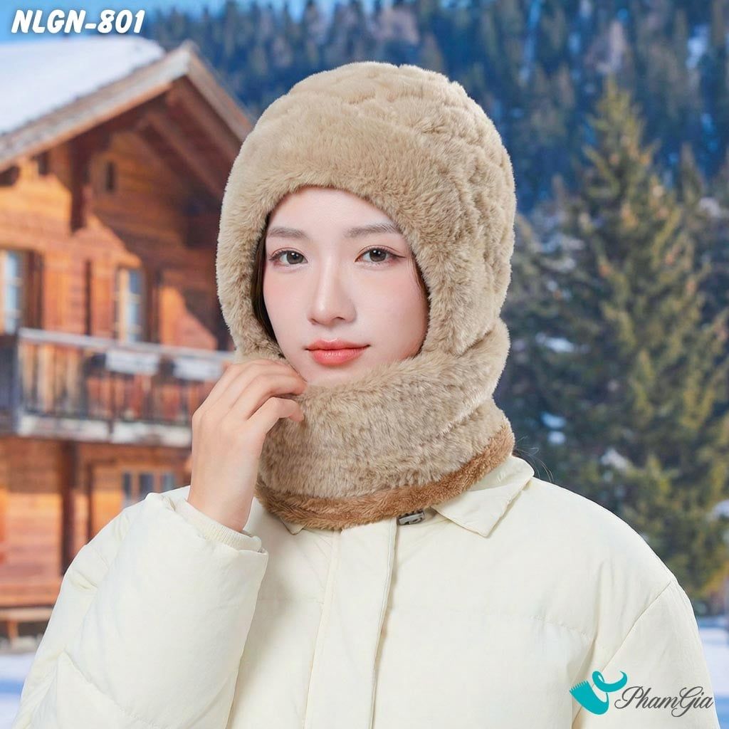 Nón Len Phối Lông Giữ Nhiệt Chuyên Dụng 2 Lớp Tích Hợp Khẩu Trang Giữ Ấm Cao Cấp Màu Nâu (NLGN801)