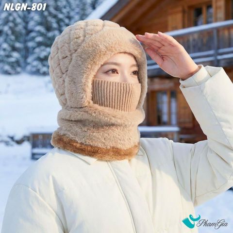 Nón Len Phối Lông Giữ Nhiệt Chuyên Dụng 2 Lớp Tích Hợp Khẩu Trang Giữ Ấm Cao Cấp Màu Nâu (NLGN801)