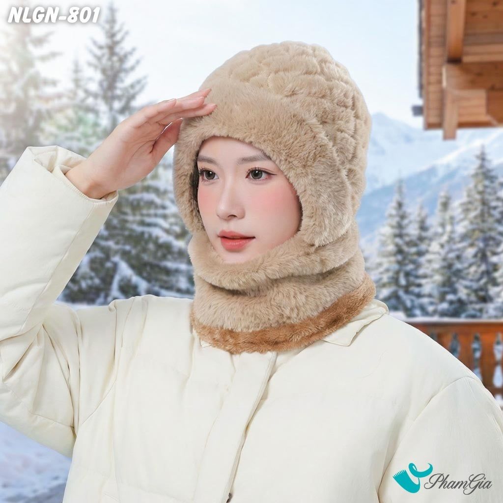 Nón Len Phối Lông Giữ Nhiệt Chuyên Dụng 2 Lớp Tích Hợp Khẩu Trang Giữ Ấm Cao Cấp Màu Nâu (NLGN801)