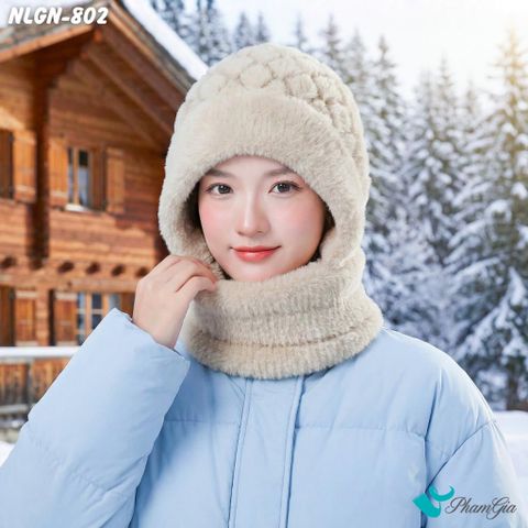 Nón Len Phối Lông Giữ Nhiệt Chuyên Dụng 2 Lớp Tích Hợp Khẩu Trang Giữ Ấm Cao Cấp Màu Beige (NLGN802)