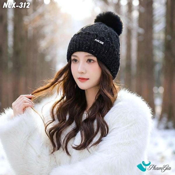 Nón Len Trái Châu Phối Kim Tuyến 2 Lớp Giữ Ấm Cao Cấp Màu Đen (NLX312)