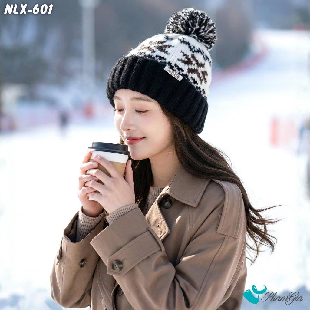 Nón Len Trái Châu 2 Lớp Dệt Họa Tiết Hoa Tuyết Màu Đen (NLX601)