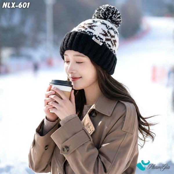 Nón Len Trái Châu 2 Lớp Dệt Họa Tiết Hoa Tuyết Màu Đen (NLX601)