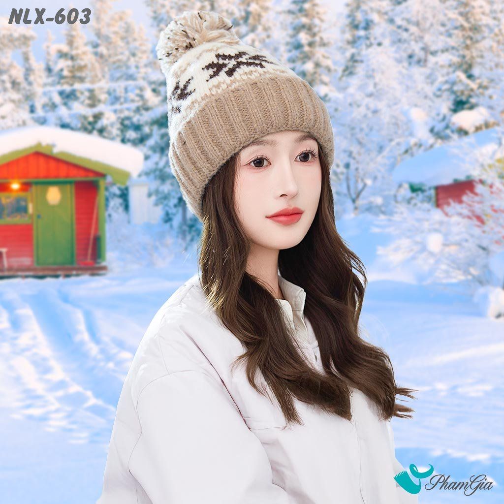 Nón Len Trái Châu 2 Lớp Dệt Họa Tiết Hoa Tuyết Màu Beige (NLX603)
