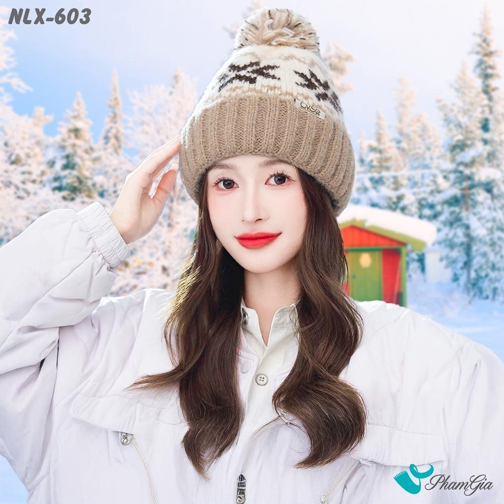 Nón Len Trái Châu 2 Lớp Dệt Họa Tiết Hoa Tuyết Màu Beige (NLX603)