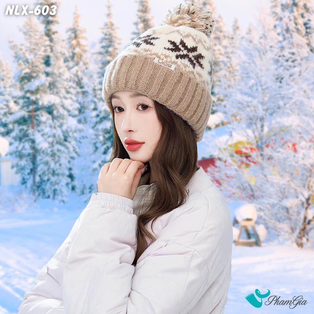 Nón Len Trái Châu 2 Lớp Dệt Họa Tiết Hoa Tuyết Màu Beige (NLX603)