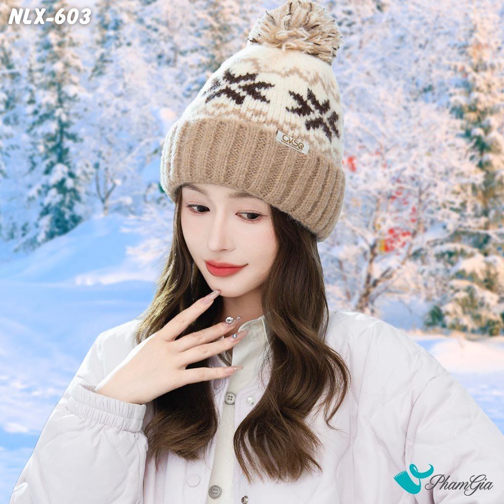 Nón Len Trái Châu 2 Lớp Dệt Họa Tiết Hoa Tuyết Màu Beige (NLX603)