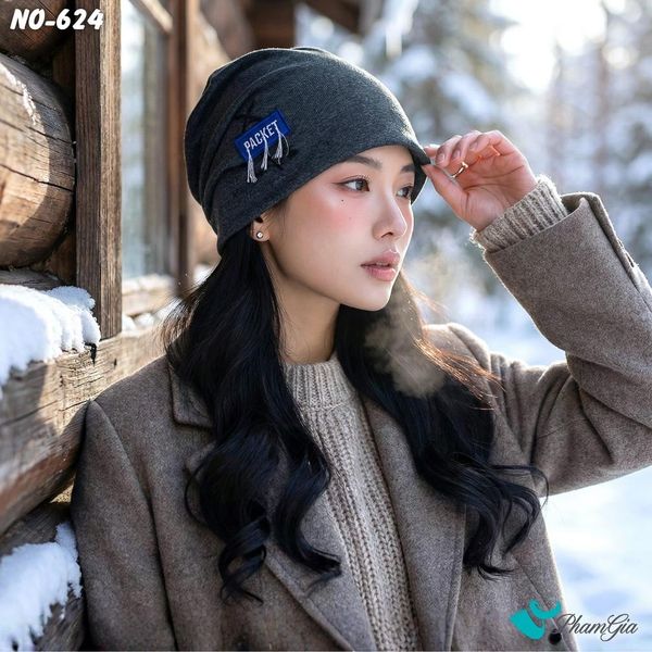 Nón Ống Thời Trang Đính Tag Unisex Cá Tính Màu Xám Rêu (NO624)