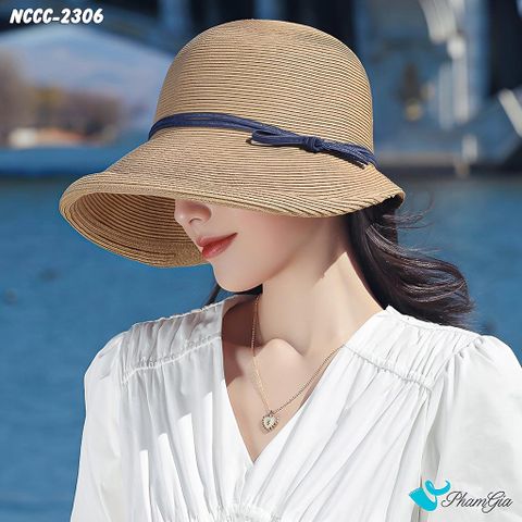 Người Mẫu Đội Nón Cói Cloche Lượn Viền Phối Nơ Cao Cấp Màu Nâu Tây