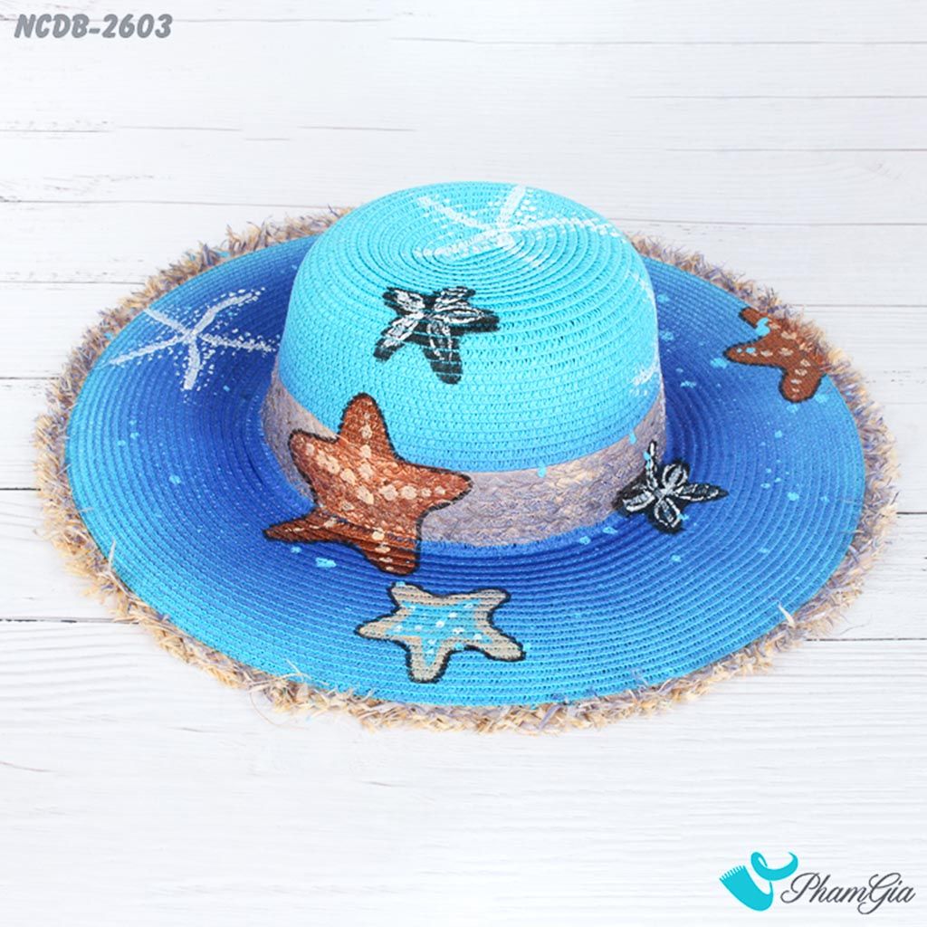 Góc Trên Nón Cói Đi Biển Vẽ Tay Viền Tua Rua Họa Tiết Sao Biển