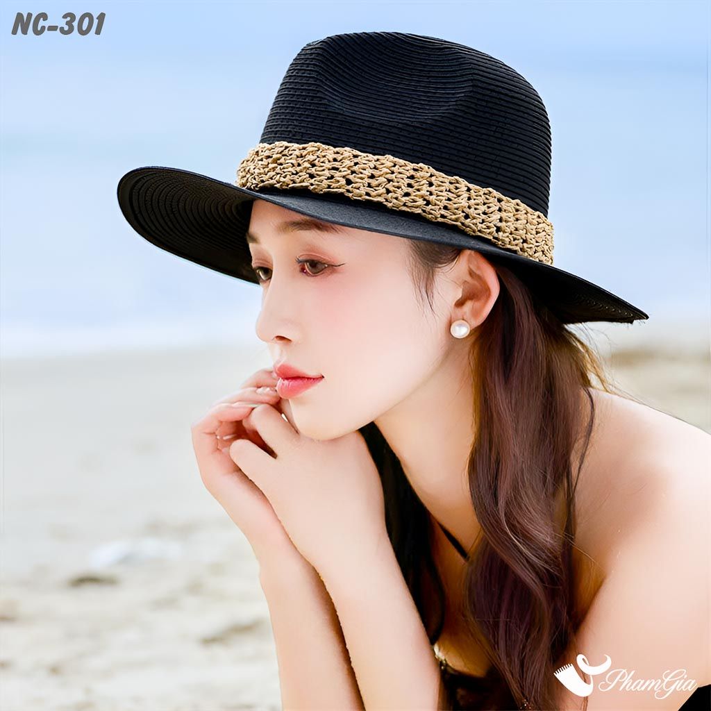 Người Mẫu Đội Nón Cói Fedora Phối Đai Cao Cấp Màu Đen