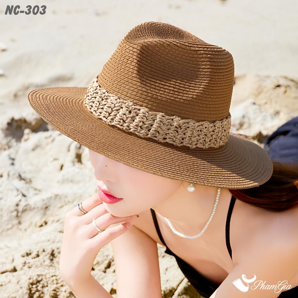 Góc Trên Nón Cói Fedora Phối Đai Cao Cấp Màu Nâu Tây