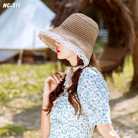 Người Mẫu Đội Nón Cói Vinatge Phối Viền Đăng-Ten Form Mềm Màu Nâu Tây