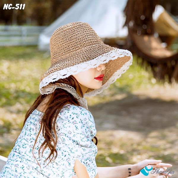 Nón Cói Vintage Phối Viền Đăng-Ten Form Mềm Màu Nâu Tây (NC511)
