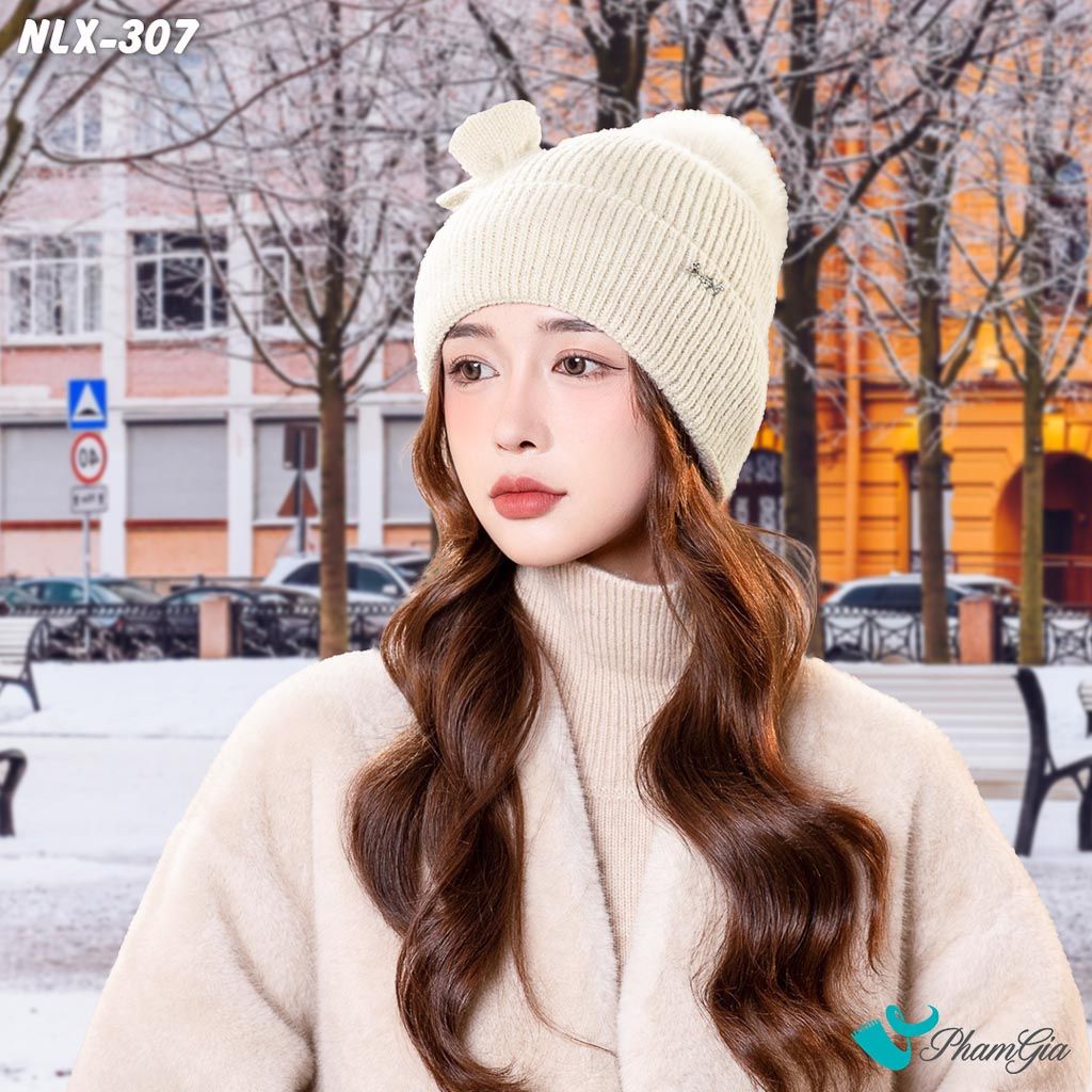 Model Đội Nón Len Cánh Bướm 2 Lớp Giữ Ấm Cao Cấp Màu Kem